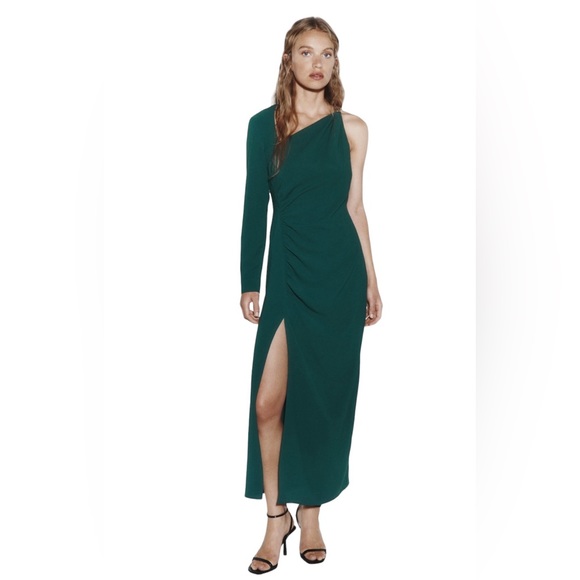 ZARA New Stunning Medium Gold Metal Piece Asymmetric Green MIDI Dress Front Slit - Picture 2 of 15